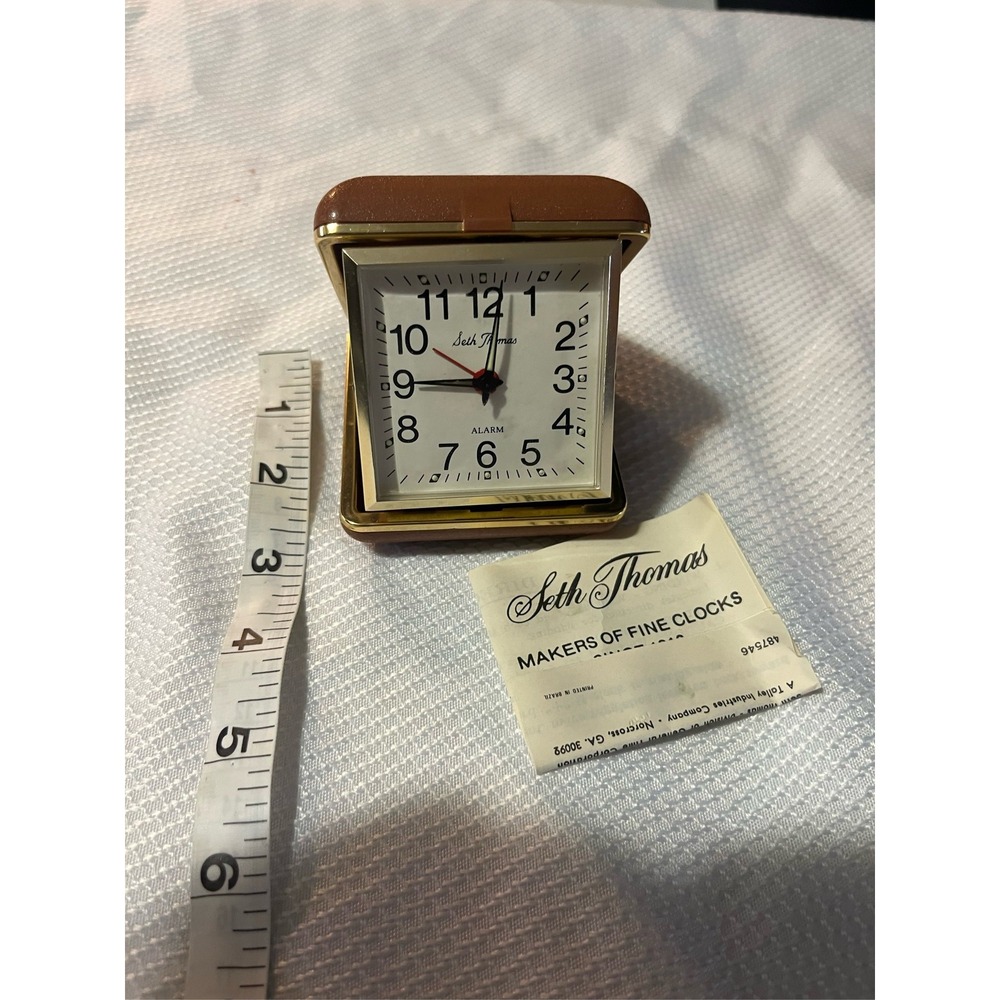 Seth Thomas Vintage Travel Alarm Clock Brown Leather Case Gold Tone Manual Wind